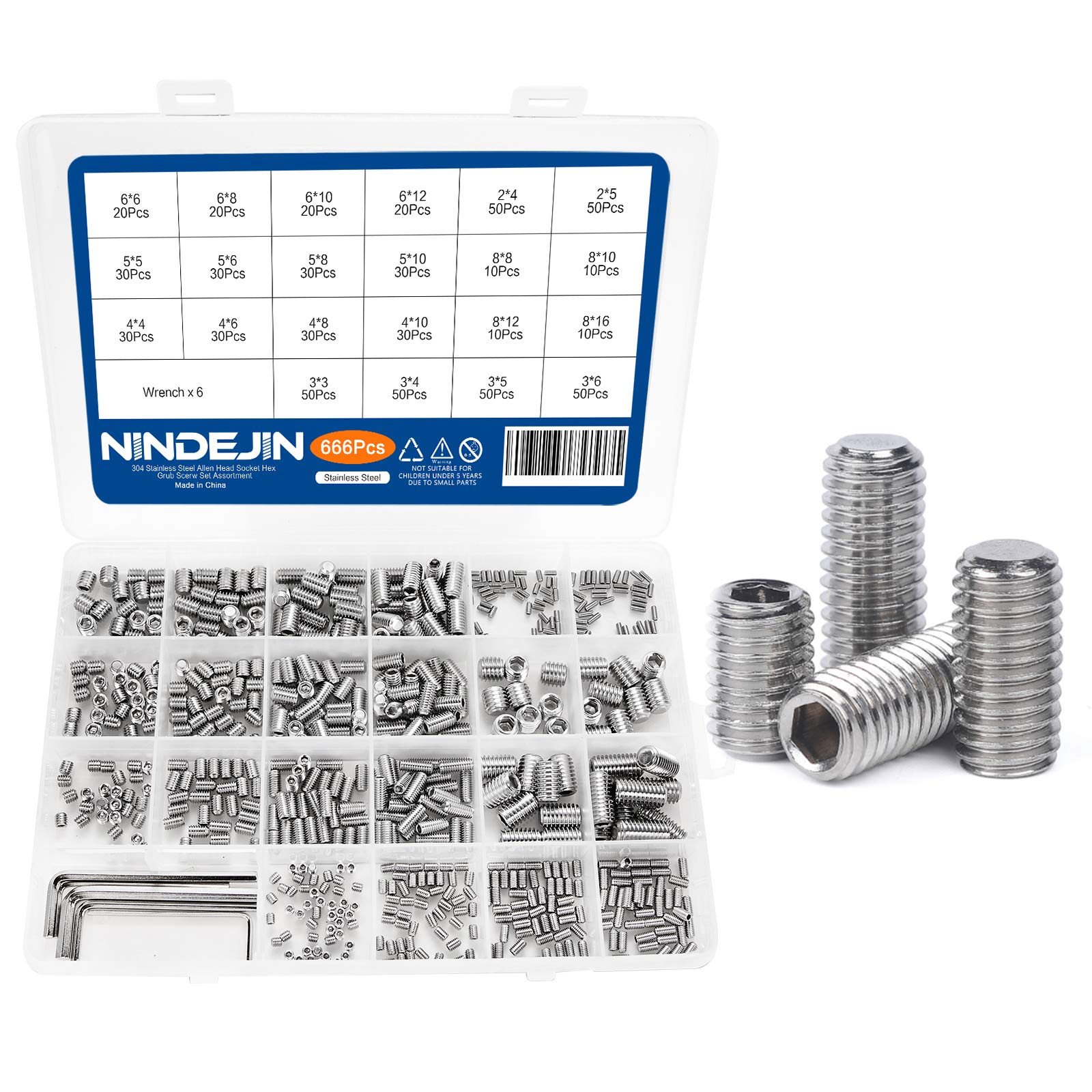 NINDEJIN 666Pcs Grub Screw Kit, M2 M3 M4 M5 M6 M8 Metric Set Screws with 6Pcs Wrench Keys, Hex Allen Head Socket, 304 Stainless Steel Internal Hex Drive Kit for Door Handles