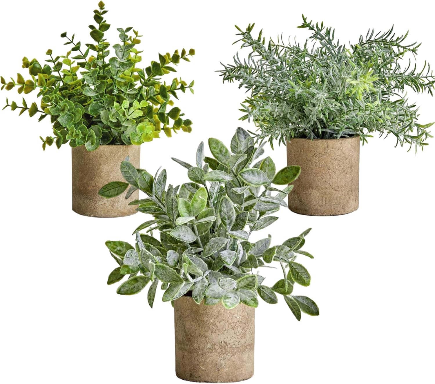 Artificial Potted Plants Small Mini Fake Plastic Potted Plants Shelf Decorations for Home, Kitchen Counter Cabinet, Office Bathroom Indoor Farmhouse Greenery Eucalyptus Rosemary Boxwood Set of 3
