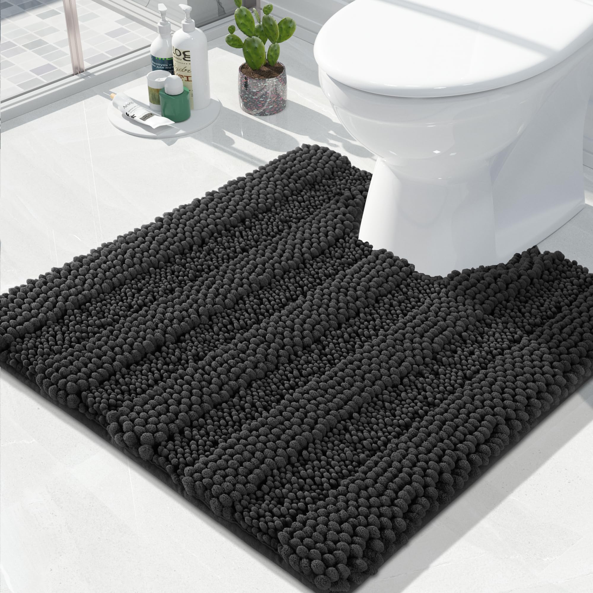 Photo 1 of Yimobra U Shaped Toilet Bath Rug, Luxury Chenille Contour Mat for Bathroom, Soft Comfortable Shaggy Commode Rug, Water Absorption, Non-Slip, Extra Thick, Machine Wash, 24 x 24 Inch, Black