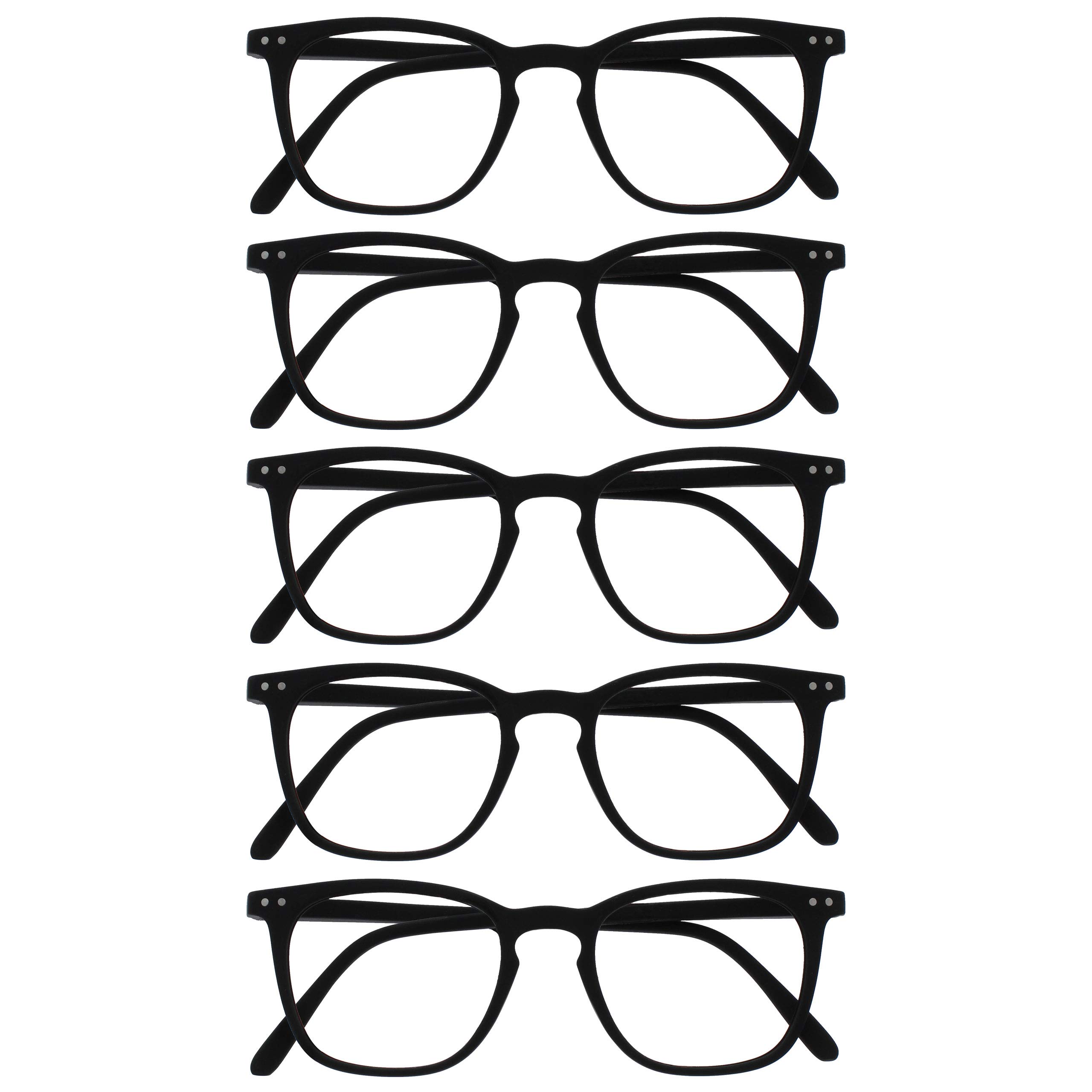 OPULIZE Bex Reading Glasses 5 Pack Large Square Cool Designer Frame Spring Hinges Scratch Resistant Matt Black Mens Womens RRRRR64-1 +1.00