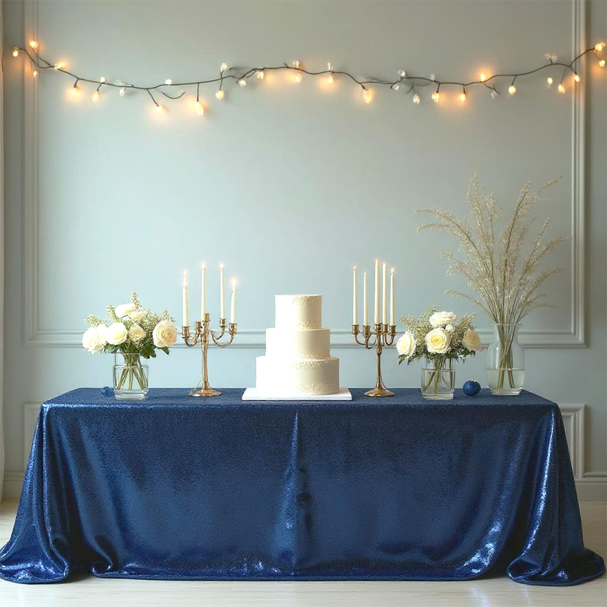 Trimming Shop 1pc Navy Sequin Tablecloth 70" x 108" Rectangle Shiny Sequin Sparkly Tablecover for Parties Wedding Reception Banquets Birthday Baby Shower Festival Ceremony Cake Dessert Tablecloth