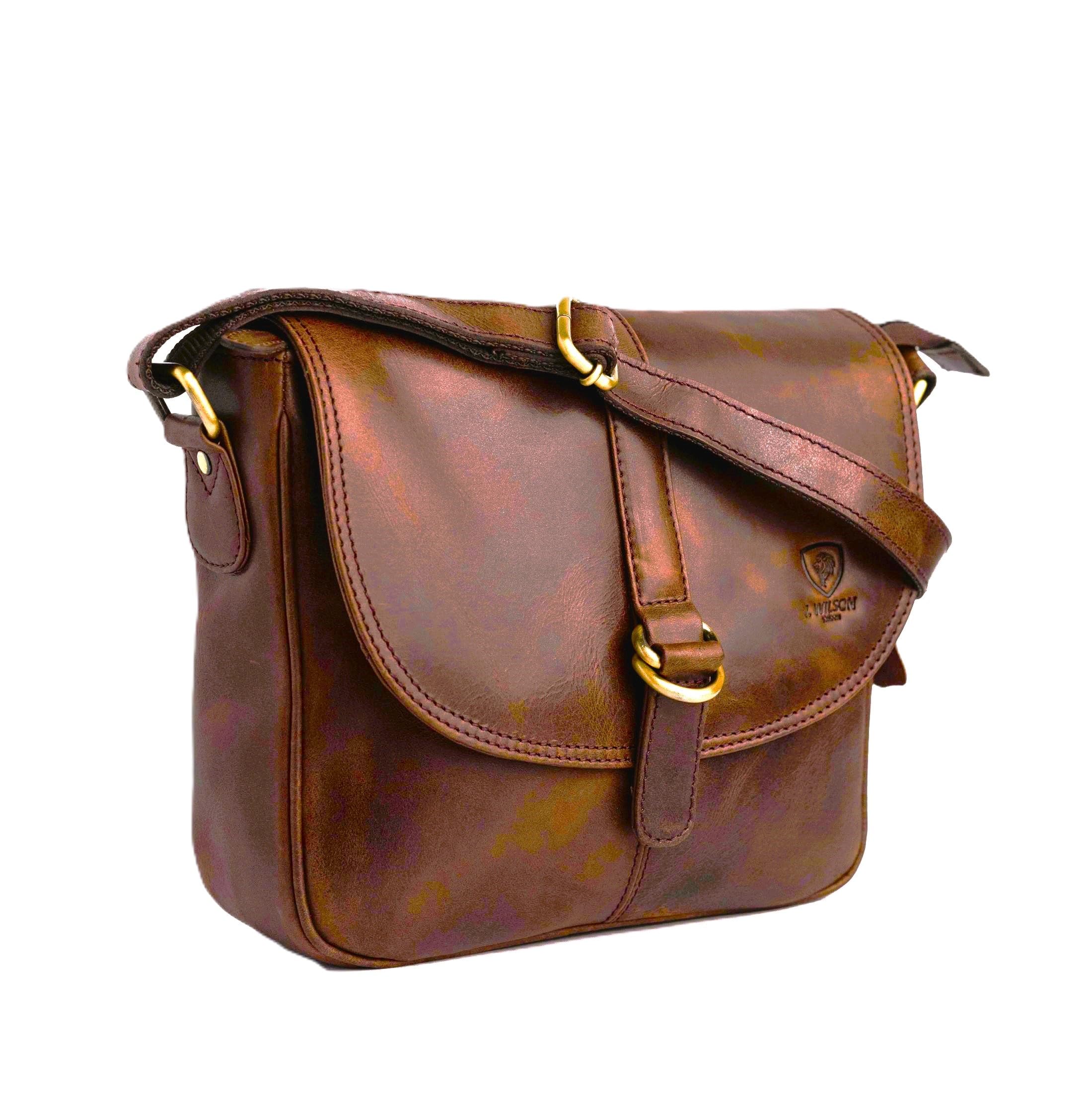 J. Wilson London - Designer 100% Pure Genuine Real Distressed Vintage Hunter Leather Handmade Unisex Crossover Shoulder Messenger Briefcase Bag (Distressed Crunch Tan)