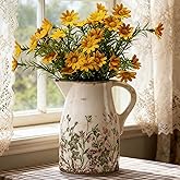 Vintage Pink and Green Floral Pitcher Vase with Handle, Ceramic Farmhouse Flower Vase French Country Decor, Rustic Table Centerpiece, Grand Millennial Tuscan Home Decor for Living Room, Bookshelf