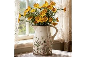 SURE YUESI Vintage Pink and Green Floral Pitcher Vase with Handle, Ceramic Farmhouse Flower Vase French Country Decor, Rustic Table Centerpiece, Grand Millennial Tuscan Home Decor for Living Room, Bookshelf