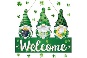 Wenqik St. Patrick's Day Gnome Welcome Sign Valentines Hanging Door Sign Green Clover Horseshoe Decor Cute Gnome Door Hanger for Home Wall Yard Indoor Outdoor Garden Window