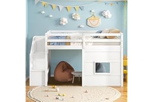 Lyngins Toddler Loft Bed Twin Size Low Loft Bed with Storage Staircase and LED Light, Wood Kids Bedframe for Boys, Girls, Full-Length Guardrail, Under-Bed Play Space, White