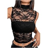 GORGLITTER Women's Gothic Lace Rave Festival Tank Top Y2K Goth Mesh Sleeveless Mock Neck See Through Going Out Crop Top