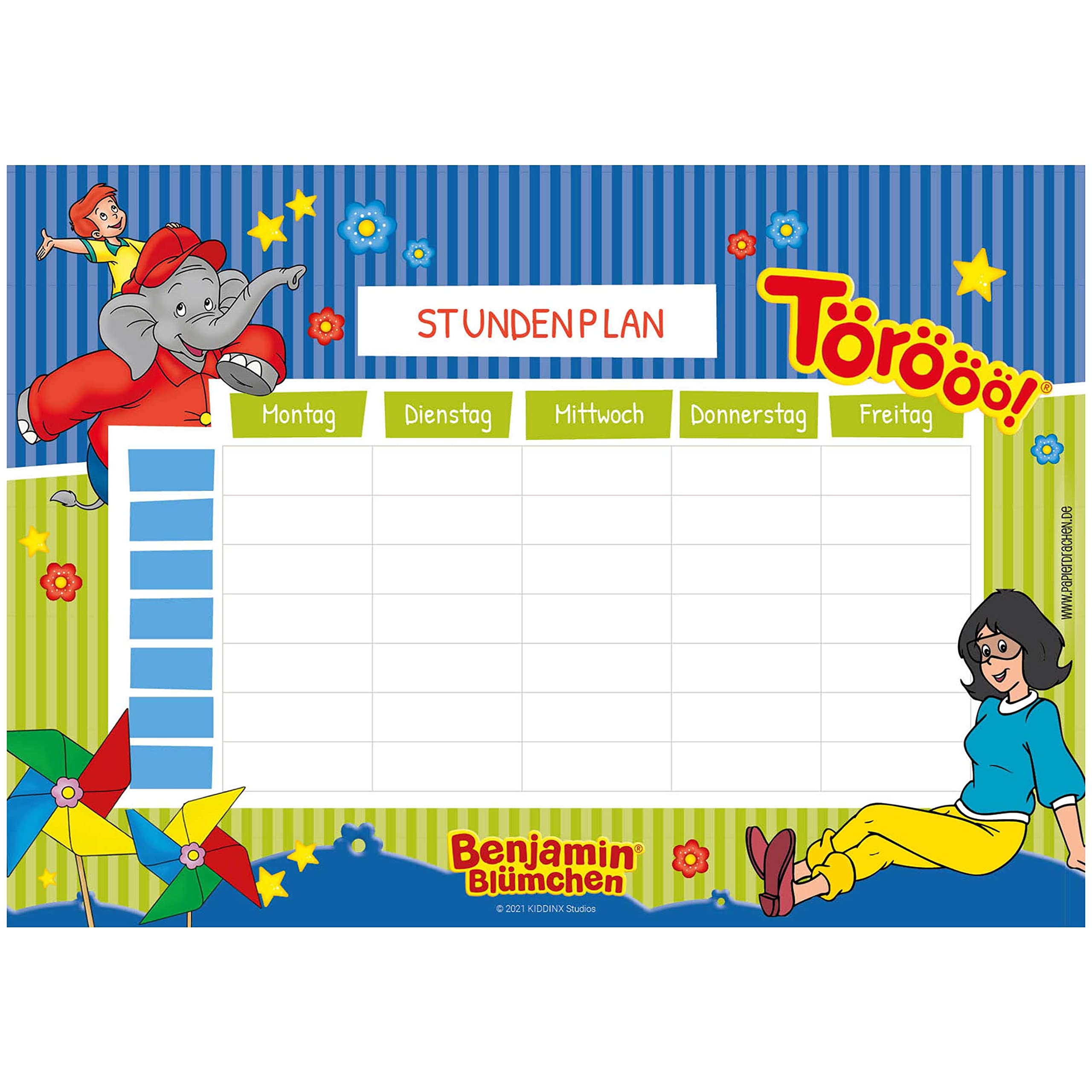 Papierdrachen Timetable DIN A4 Pad - Benjamin Blümchen 1 - Writeable School - Weekly Plan - Hourly Chart for School