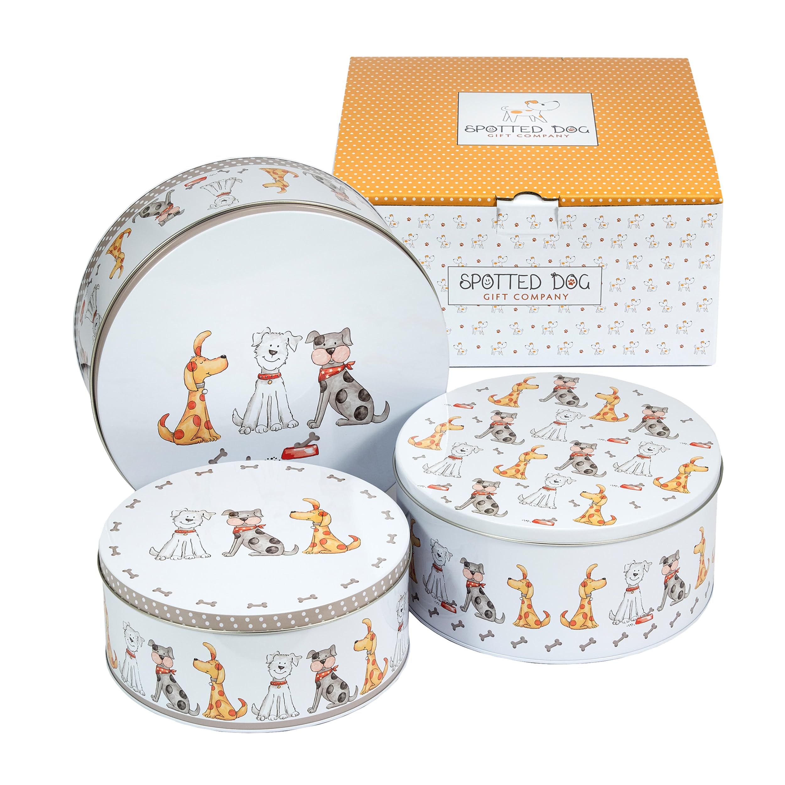 SPOTTED DOG GIFT COMPANY Cake Tin Storage Set of 3, Round Nesting Cake Tins for Storing Cakes & Biscuits, Stackable Airtight Biscuit Containers, Cute Dogs Themed Gifts, Large Medium Small