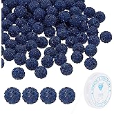 PATIKIL 10mm Rhinestone Clay Beads for Jewelry Making, 120 Pack Round Polymer Clay Crystal Charm Beads with Elastic String for Craft Decor Necklace Chain Bracelets DIY, Navy Blue