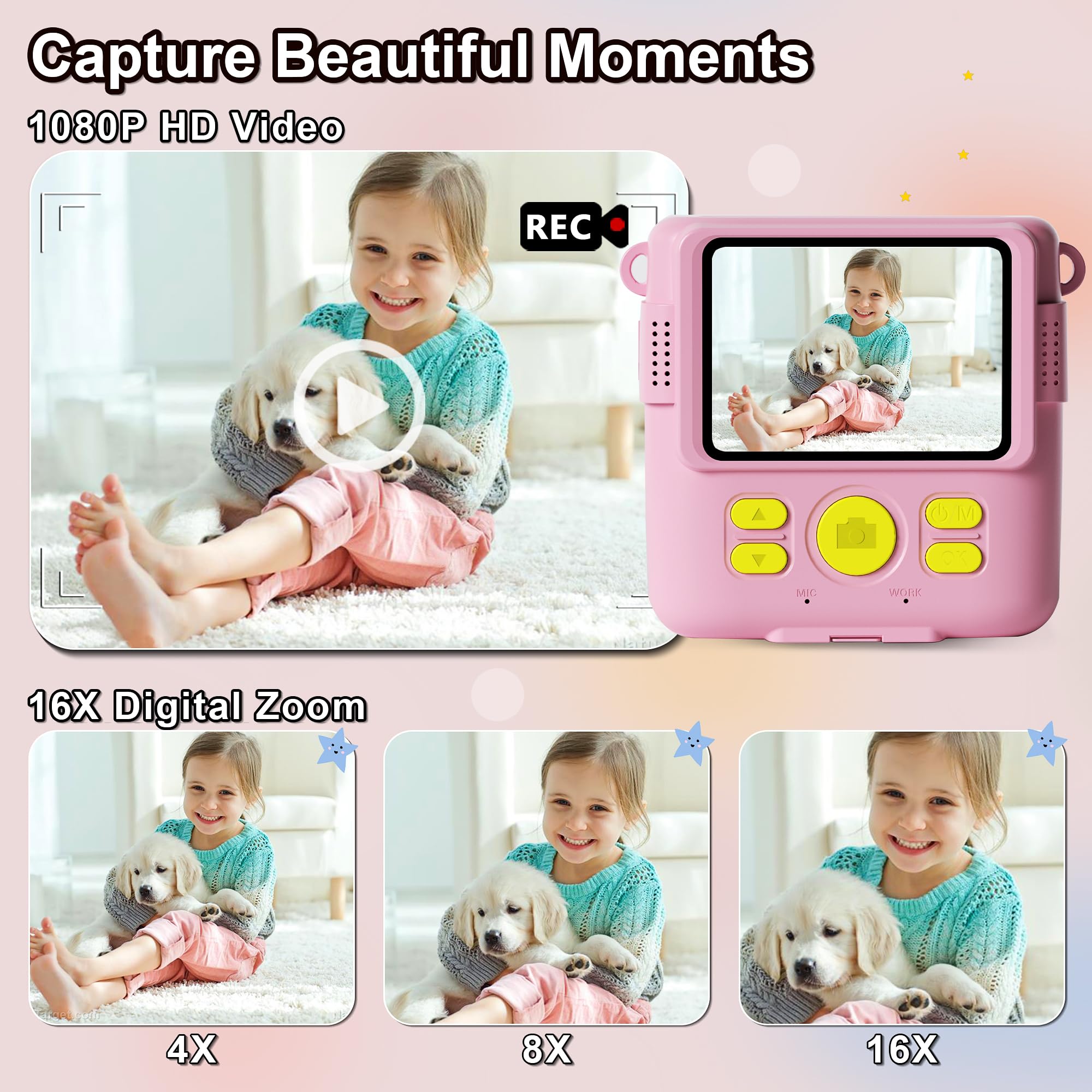 GKTZ Instant Print Camera for Kids - 1080P HD Instant Print Photo - Christmas Birthday Gifts for Age 4 5 6 7 8 9 10 Girls Boys - Portable Toy with 3 Rolls Photo Paper, 32GB Card, 5 Color Pens - Pink
