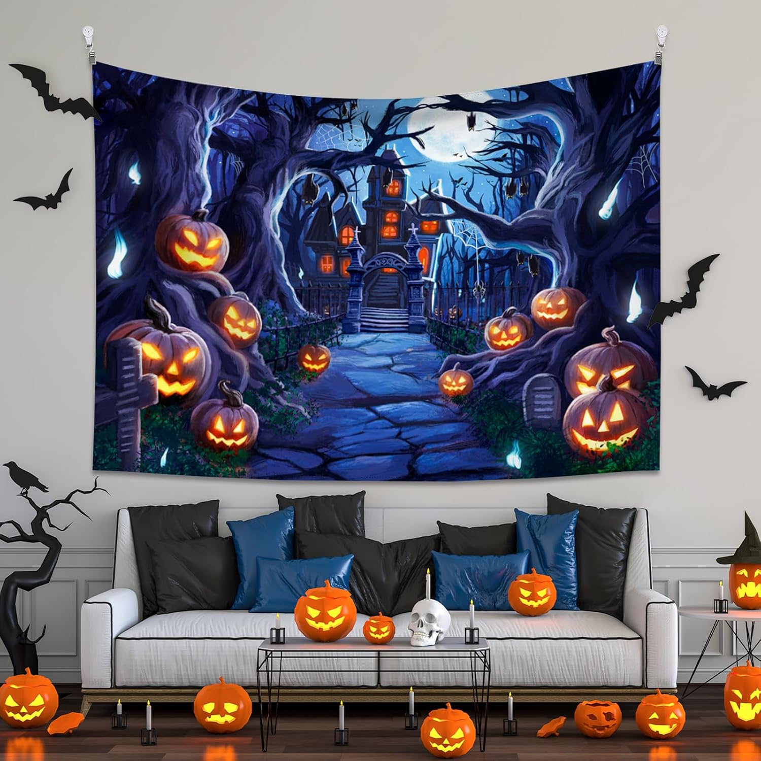 Tapestries - XIAYUEHUA Halloween Tapestry Night Tapestry Wall Hanging Pumpkin Tapestries Spooky Haunted House Tapestry Misty Forest Tapestry Wall Blanket for Bedroom Living Room Dorm Decor (60