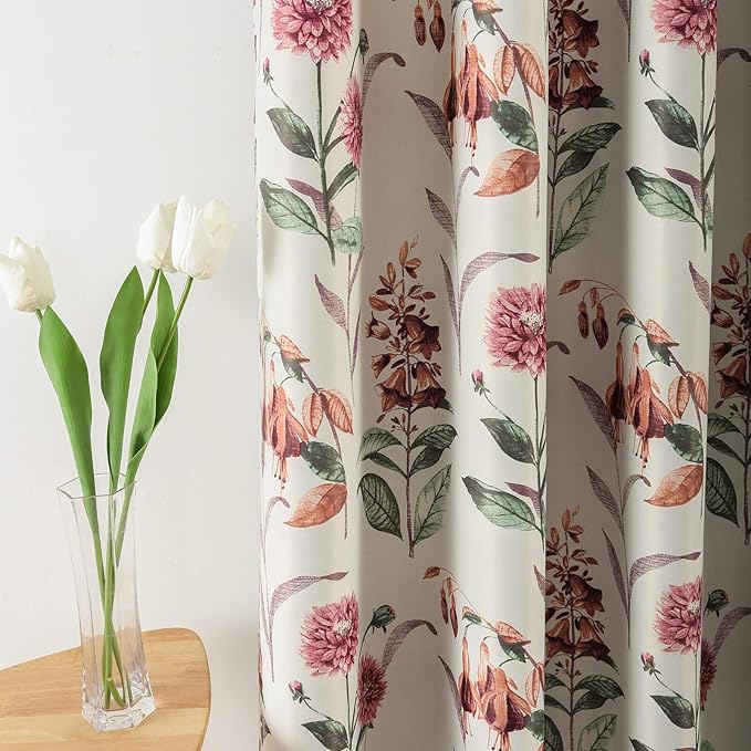 Leeva Red Floral Print Blackout Curtains and Drapes for Bedroom, Modern Style