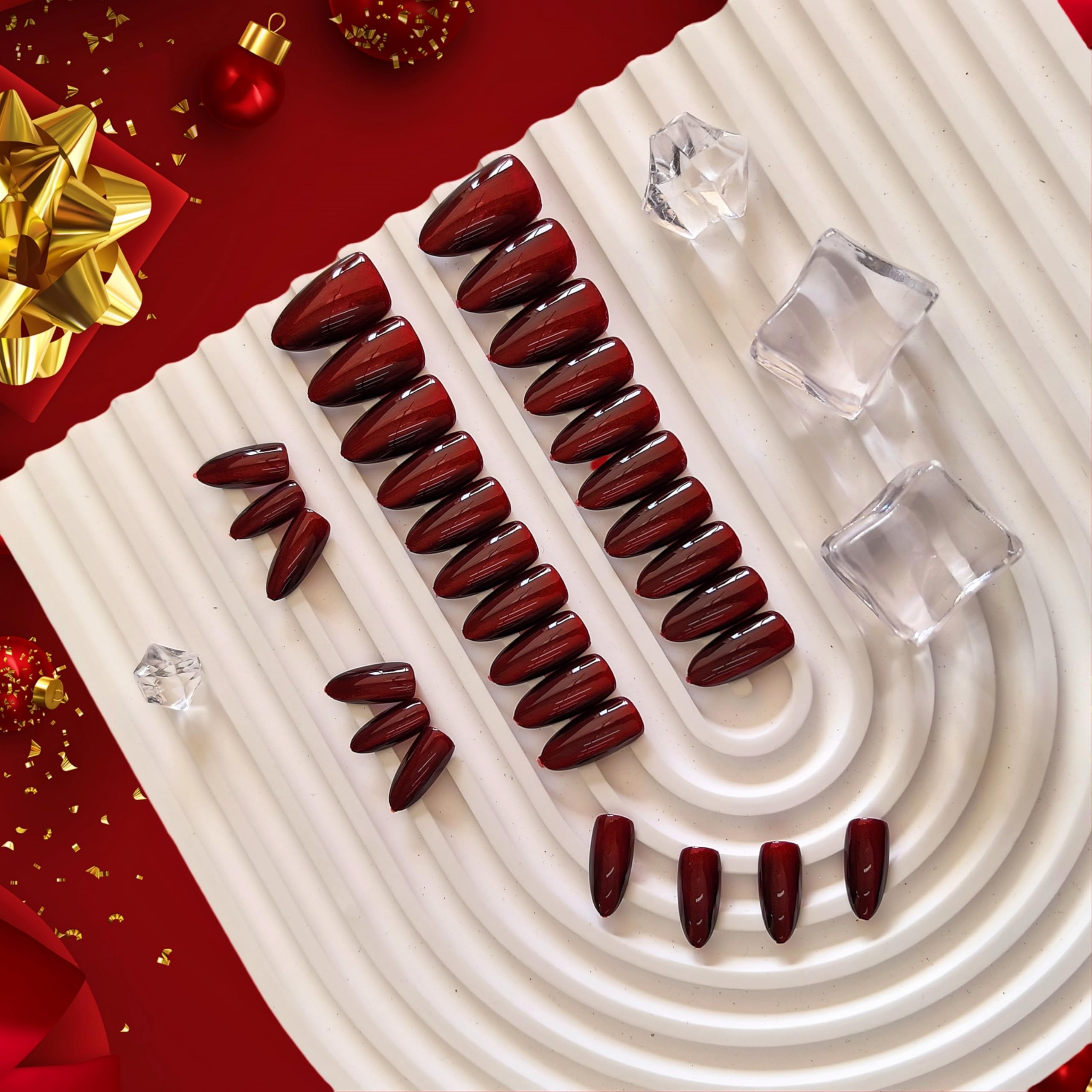 KQueenest Dark Red Press on Nails Cat Eye, Burgundy Glitter Press on Nails Almond Medium, Sparkly Shiny Fake Nails Set, Cute Bling Glue on Nails Medium Length, 30 Pcs - Image 4