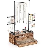 Olakee Jewelry Organizer - 2 Layer Wooden Jewelry Drawer Storage Box with 6 Tier Jewelry Tree Stand, Jewelry Display for Necklaces Bracelet Earring Ring (Carbonized Black)