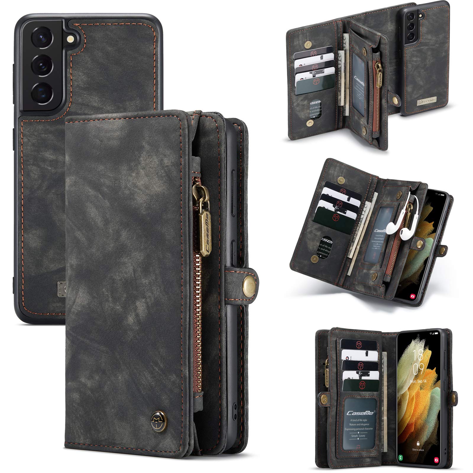 ANROD Detachable Leather Wallet Case for Samsung Galaxy S21 Plus,CaseMe Magnetic Closure 2-in-1 Flip TPU Shockproof Zipper Purse Back Cover with Card Slots (Black)