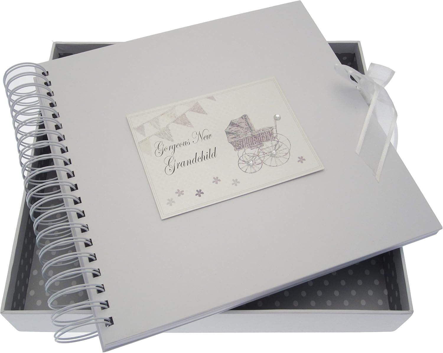 White Cotton Cards New Grandchild Card/Memory Book (Silver Pram and Bunting)