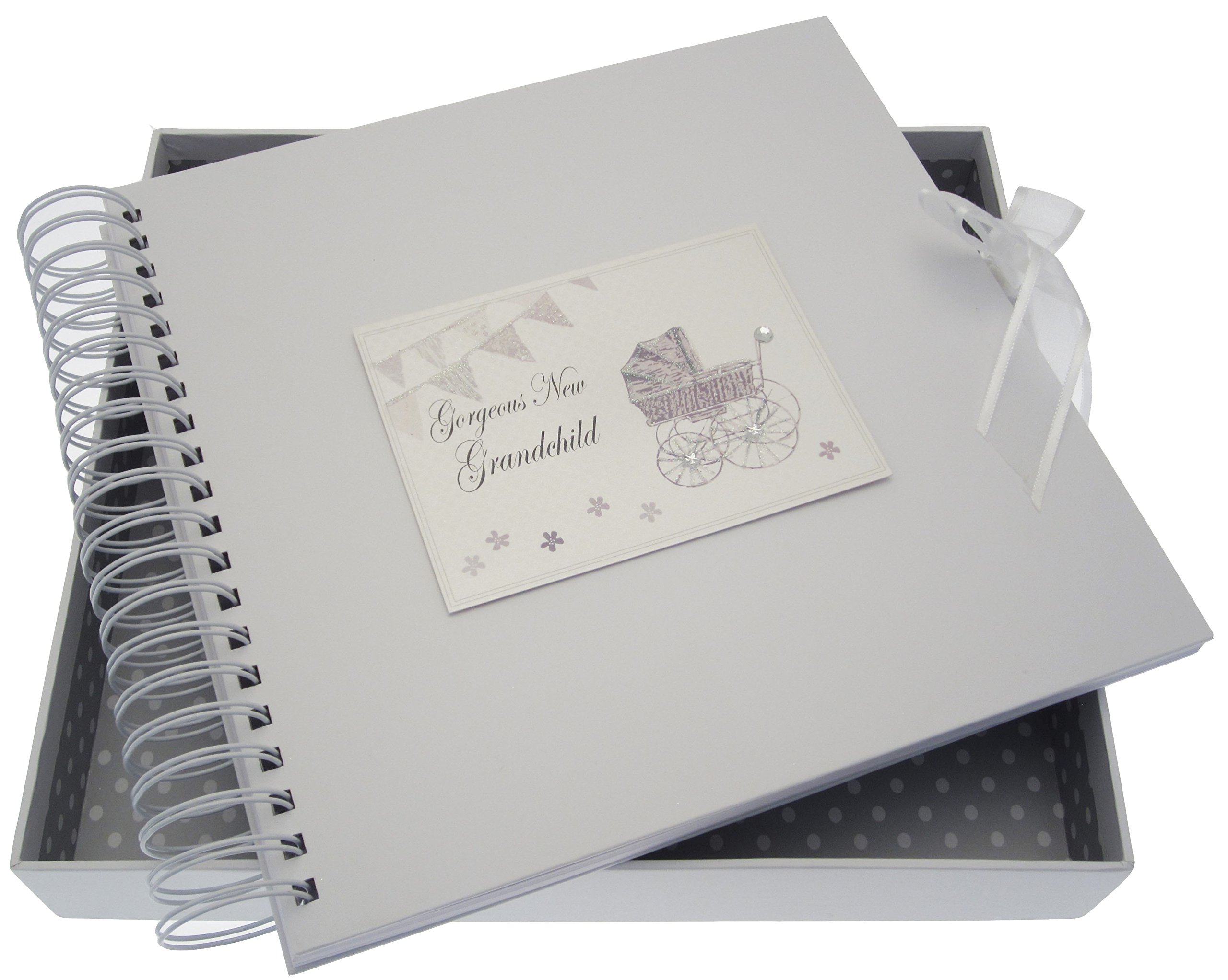 White Cotton Cards New Grandchild Card/Memory Book (Silver Pram and Bunting)