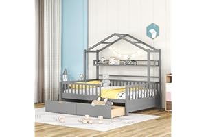 HARPER & BRIGHT DESIGNS Full House Bed with 2 Drawers, Wood Kids Bed Frame with Storage Shelf, Full Size Montessori House Bed with Rails for Kids Girls, Boys,No Box Spring Needed, Grey