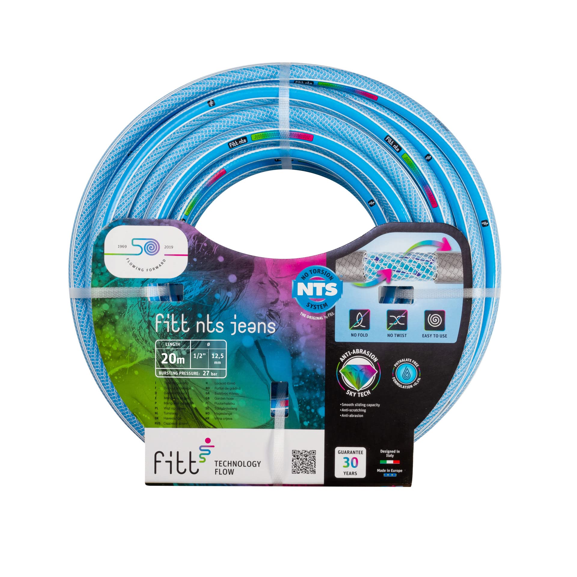 FITT NTS Jeans 1/2" (12,5mm) 20 m - Strong and malleable Light Blue Garden Watering Hose for Intensive Use, Featuring Exclusive Technologies