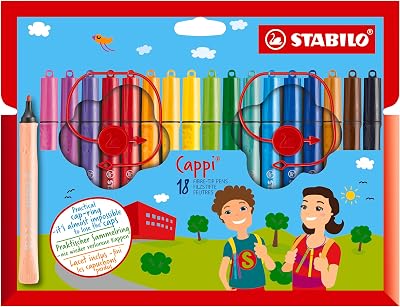 Stabilo Cappi Fibre-Tip Pen 1 mm Pack of 18 Assorted with 2 Cap-Rings