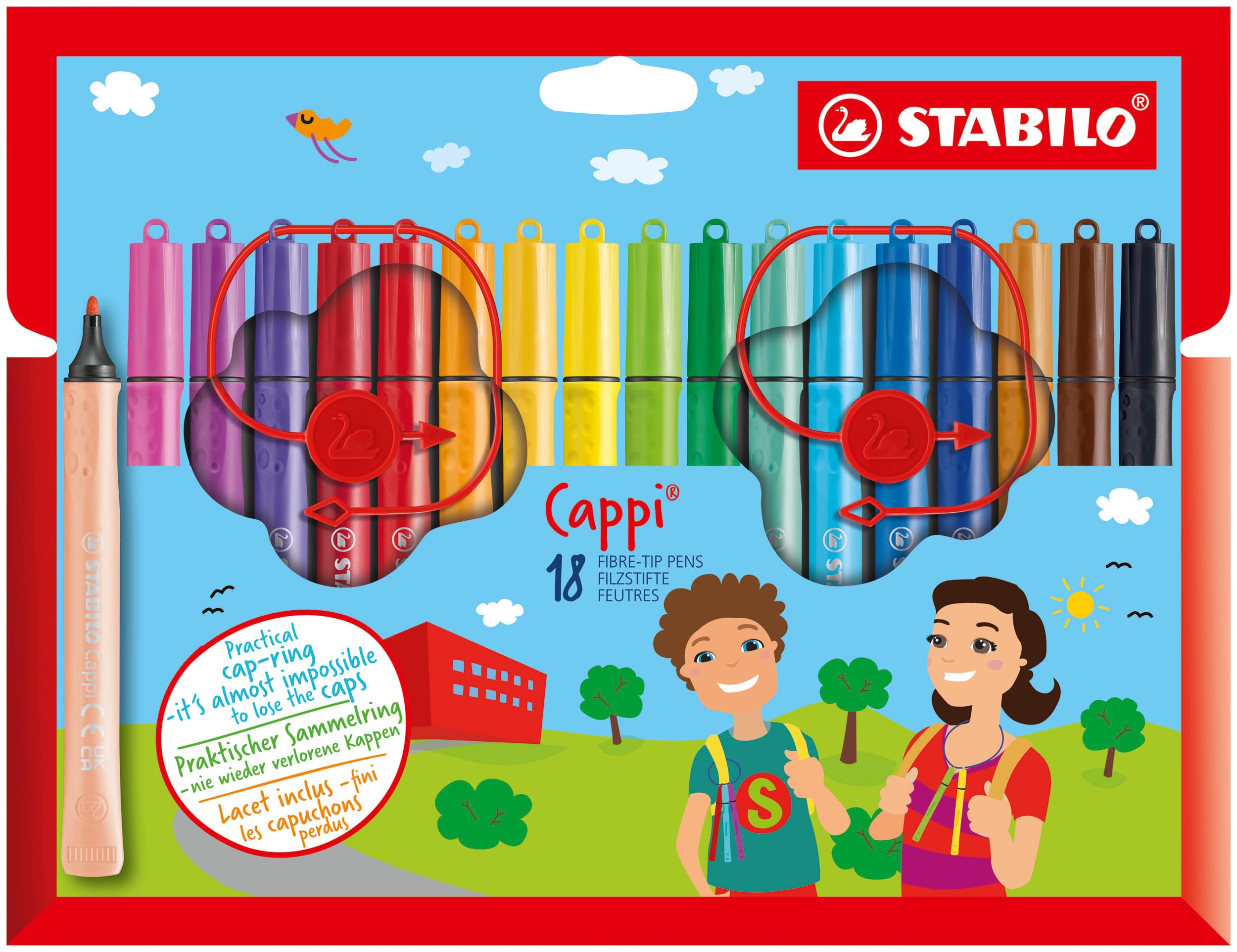 STABILO Cappi - Fibre-Tip Pen with Cap-Ring - Pack of 18 - Assorted Colours with 2 Cap-Rings
