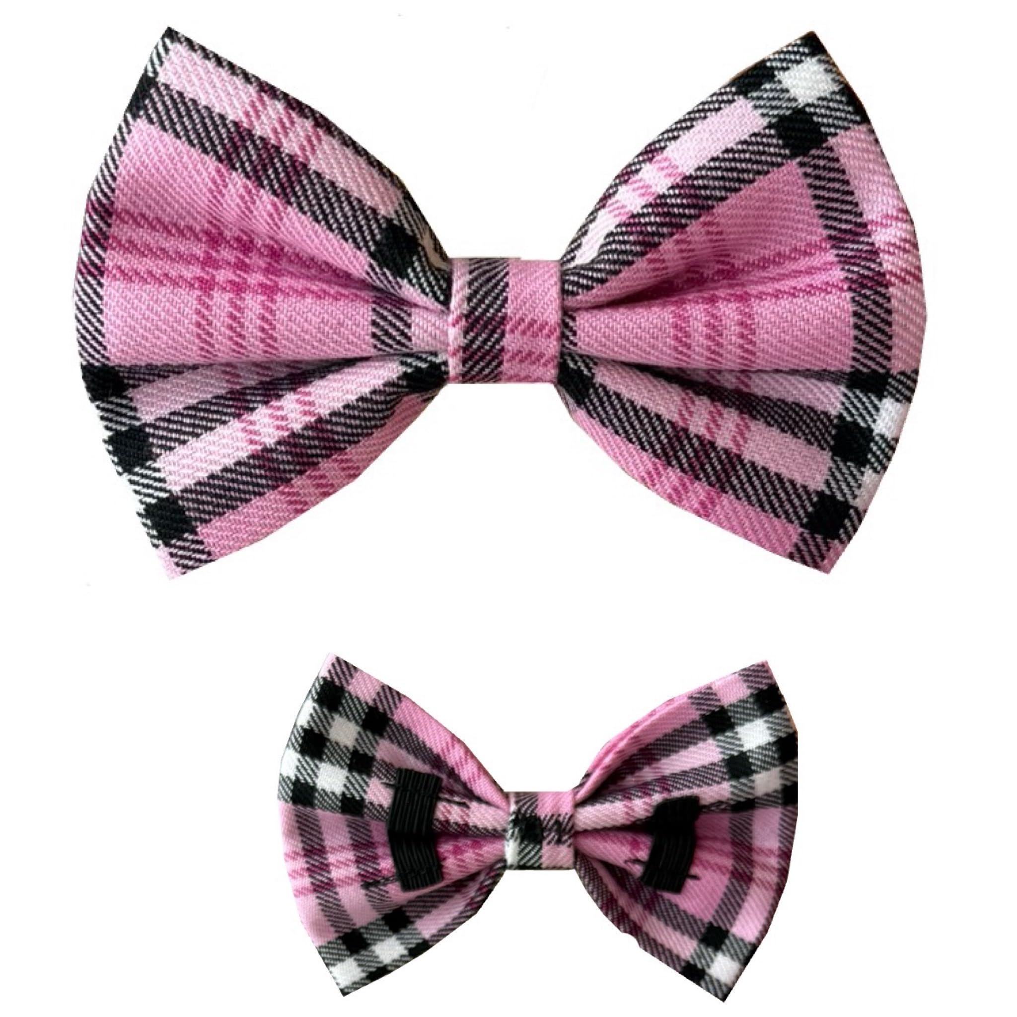 New Dogs Bow Tie Tartan woven Elastic Band attach COLLAR ACCESSORY Handmade UK (Medium Pink and Black)
