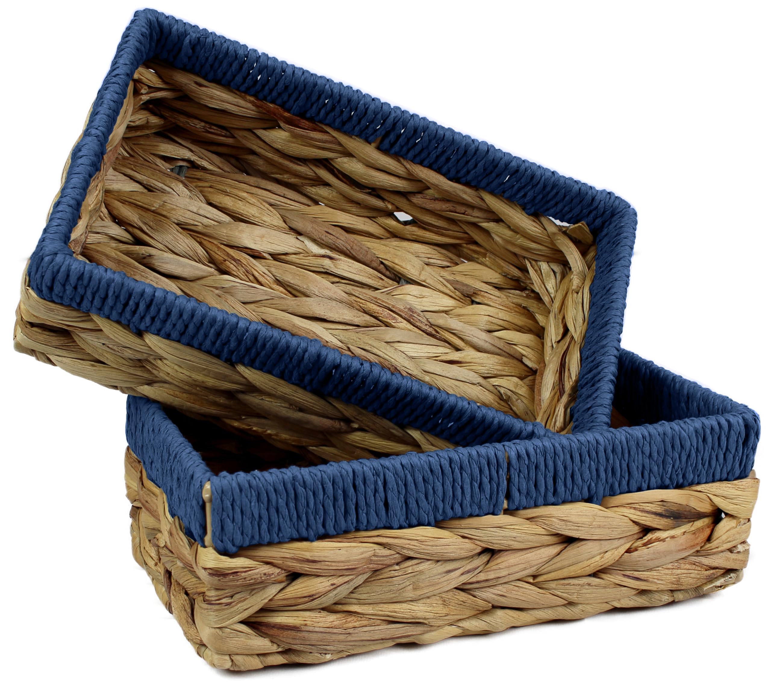 Rectangular Water Hyacinth Small baskets for storage Natural and Blue wicker basket shelves open Decorative gift box Small bathroom mini tray makeup bathroom Kitchen organiser (2, Small 24cm)