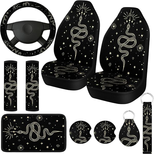 ALAZA Sun Moon Boho Car Seat Covers Front Set (2 Pcs) - Astrology Cosmos Print, Stretchy With Organizer Pocket