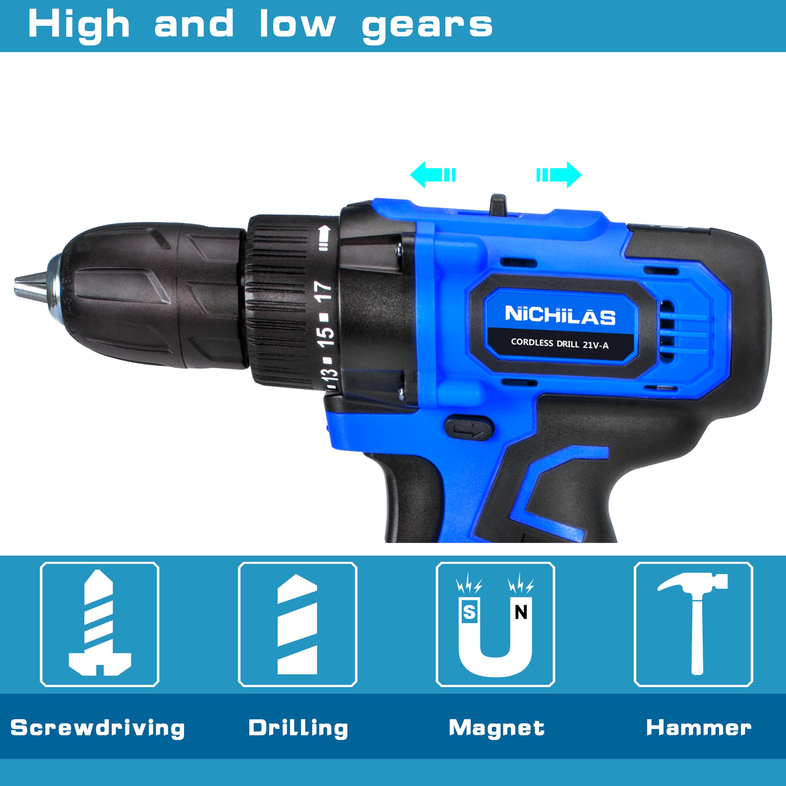 Nichilas Cordless Drill, 21V Power Screwdriver 2 Variable Speed 3/8” Keyless Chuck, 2 X 1500mAh Batteries and Charger for assembling, repairing and DIY