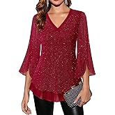Timeson Women's 3/4 Sleeve Floral Blouses Shirts Double Layers V Neck Dressy Tunics Tops