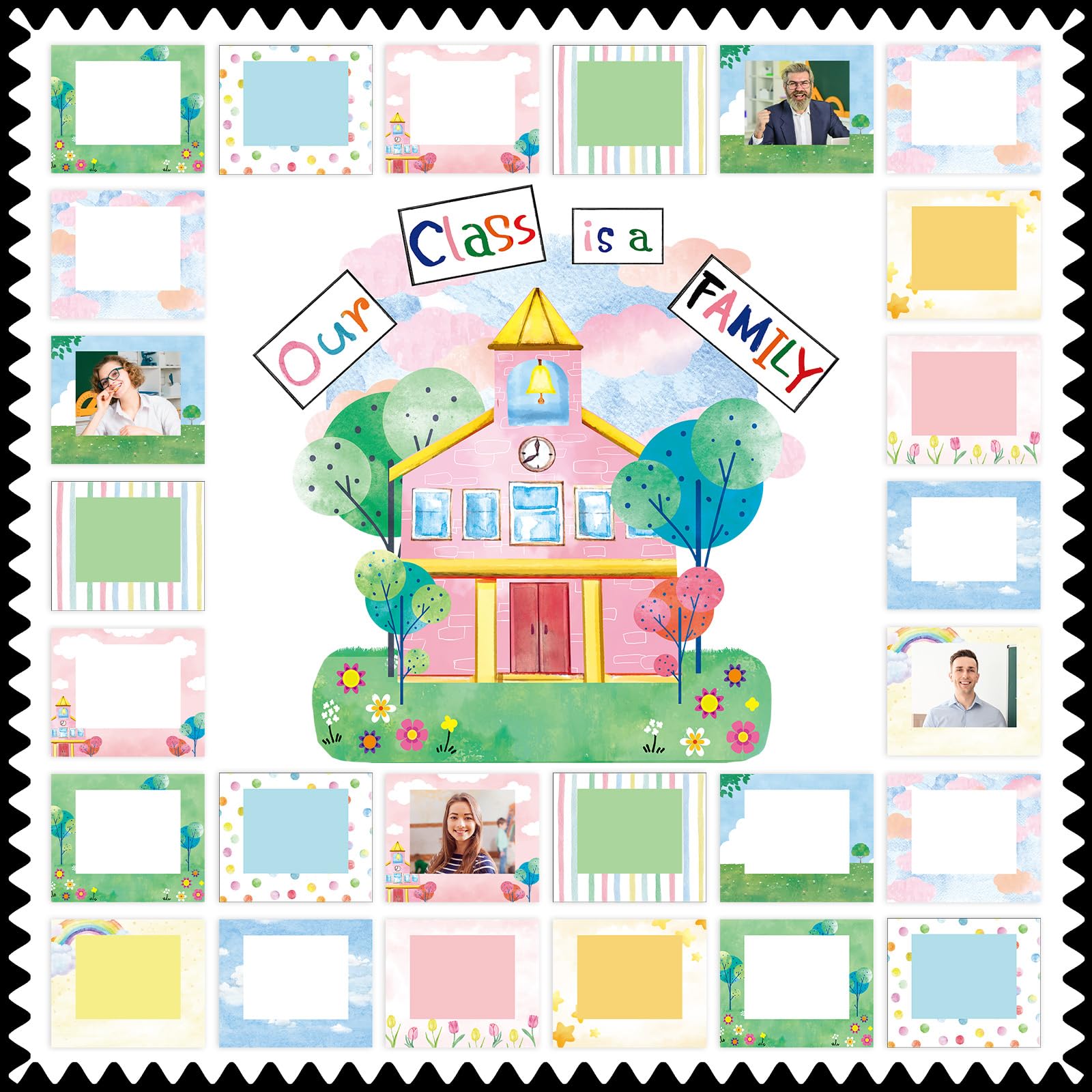Photo 1 of Mooliwe 111 Pcs Our Class Is a Family Bulletin Board Set with Picture Frames for Classroom, Pink School House Grassy Area Flower Trees Sky Cloud Cutout for Bulletin Board Chalkboard School Party Decor