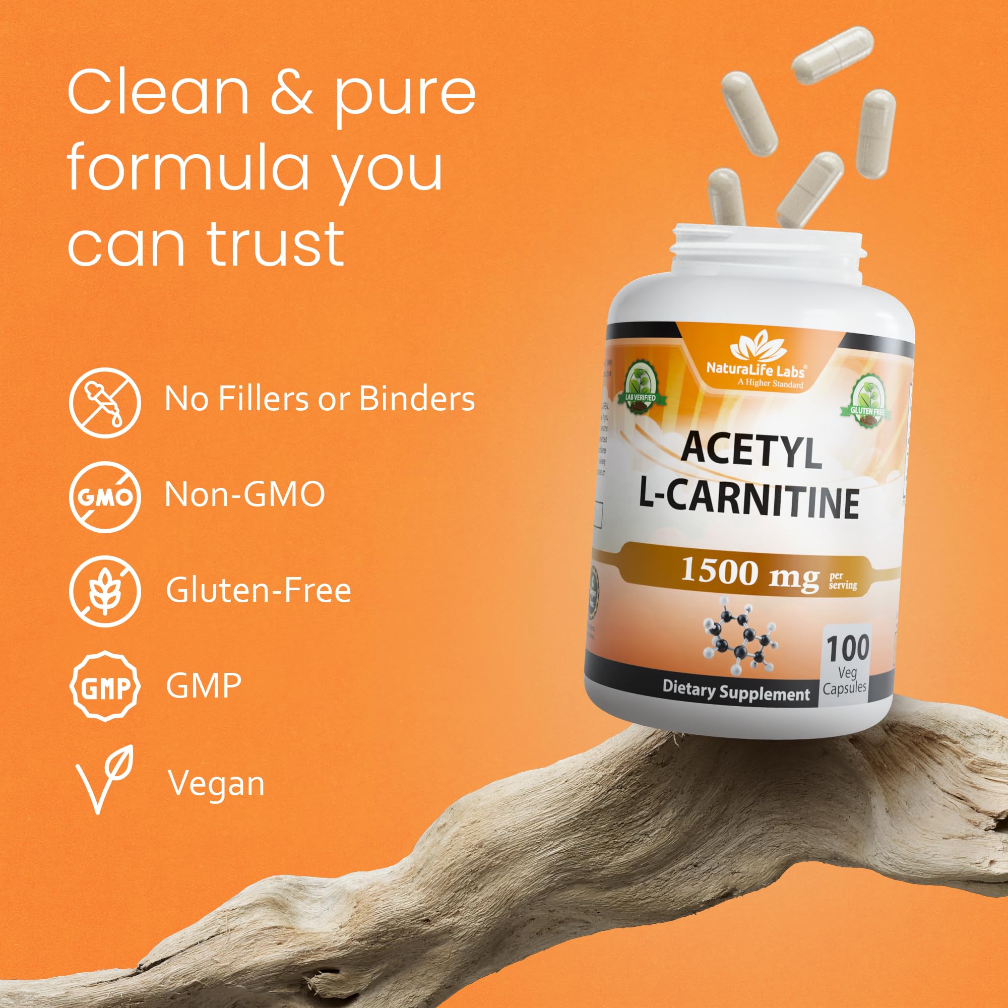 Acetyl L-Carnitine (ALCAR) 1500 mg per Serving – 100 Capsules – Non-GMO, Gluten-Free, Vegan