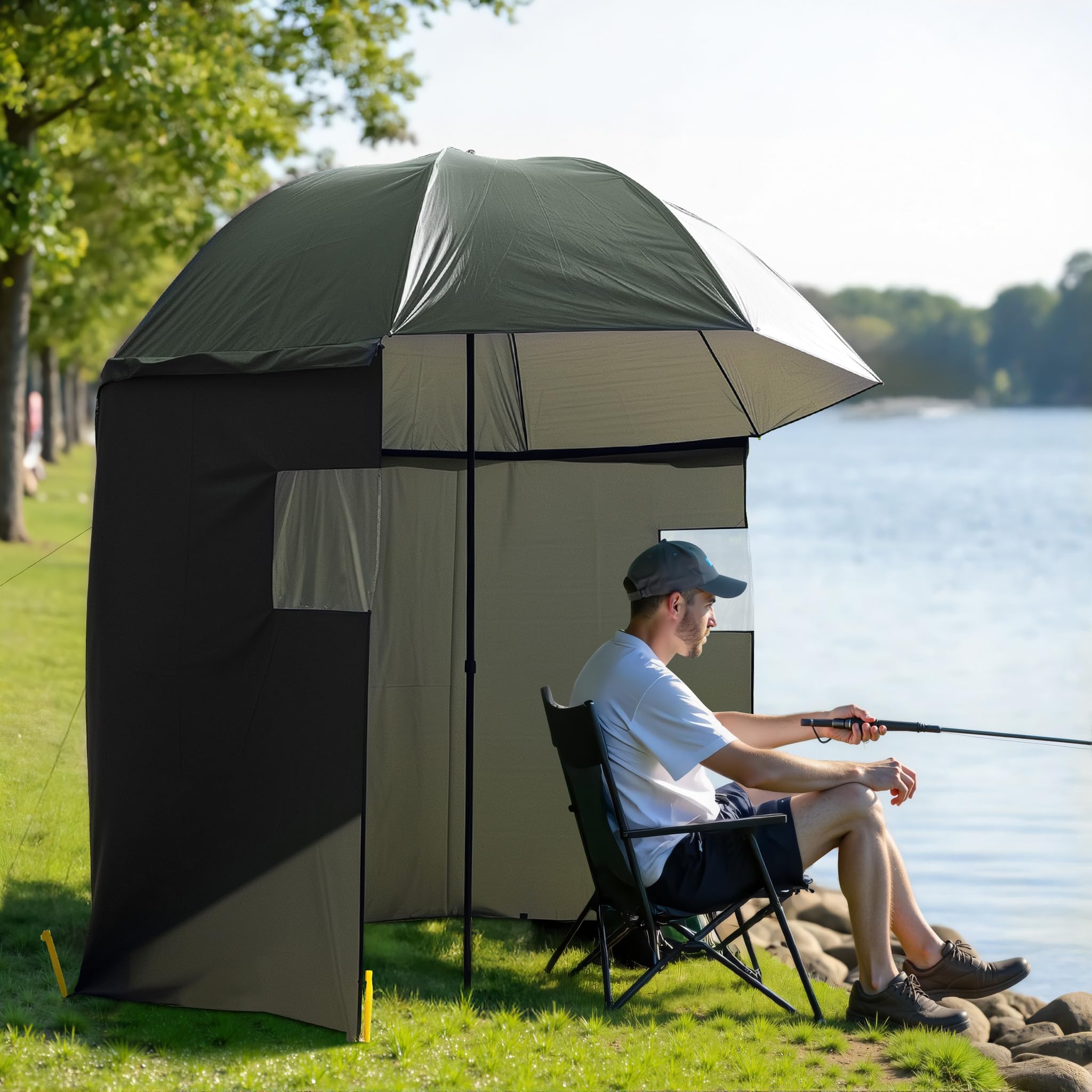 Wiltec Angelschirm 250cm mit Seitenwand und zwei Sichtfenstern Schirmzelt als Windschutz beim Angeln Regenschirm Angel Schirm Zelt Sonnenschirm 2