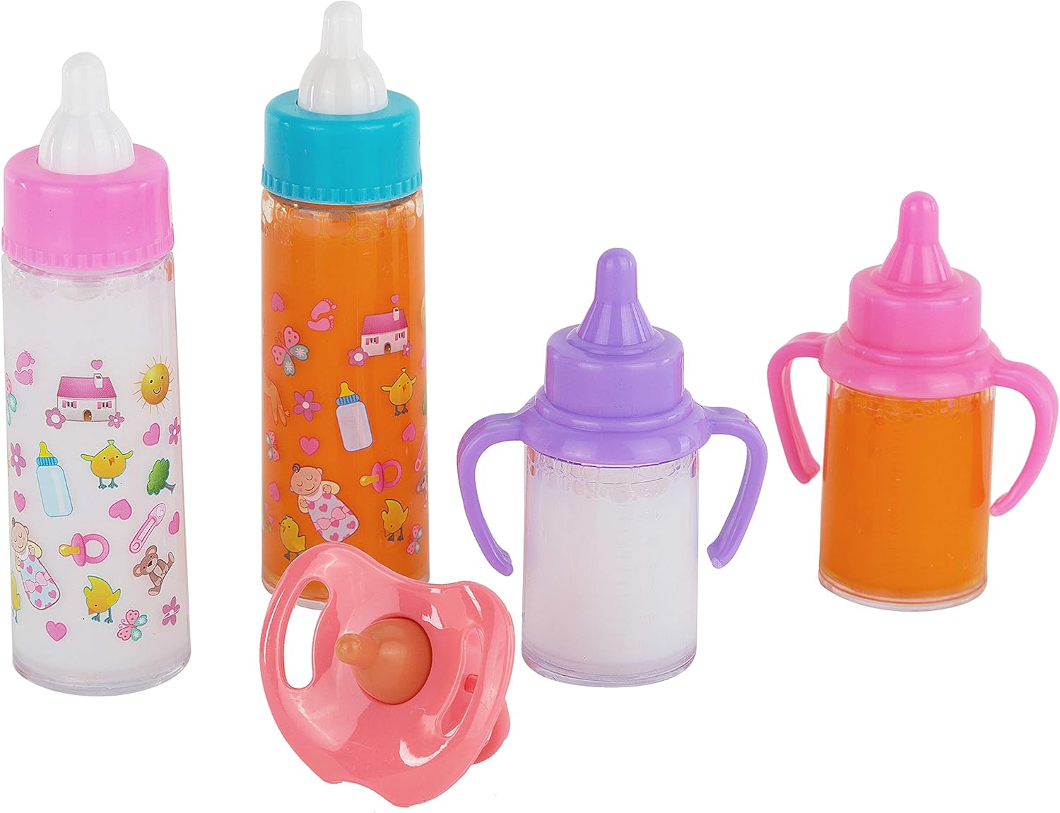 fash n kolor My Sweet Baby Disappearing Doll Feeding Set | Baby Care 4 Piece Doll Feeding Set for Toy Stroller | 2 Milk & Juice Bottles with Toy Pacifier for Baby Doll: Toys & Games