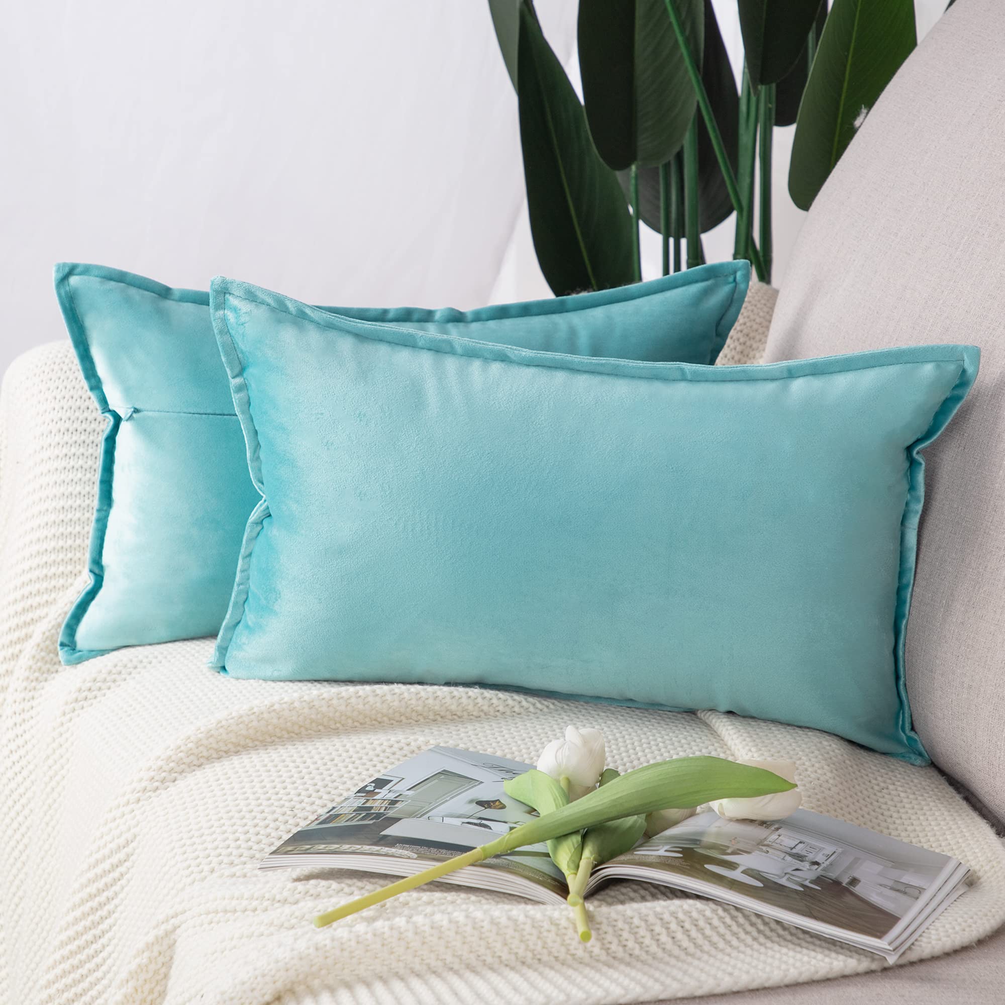 Madizz Pack of 2 Super Soft Velvet Decorative Cushion Covers with Fringe Luxury Style Cushion Case Pillow Shell for Sofa Bedroom Aqua 12x20 inch, 30x50 cm Rectangular