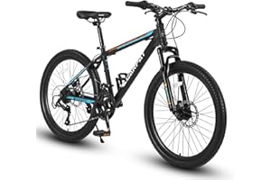 KIAPALNO 24/26 Inch Mountain Bike, 21 Speed Mountain Bicycle with High Carbon Steel Frame/Aluminium Alloy Frame, Dual Disc Brakes and Front Suspension, MTB Bike for Adult Teenagers Boys Girls