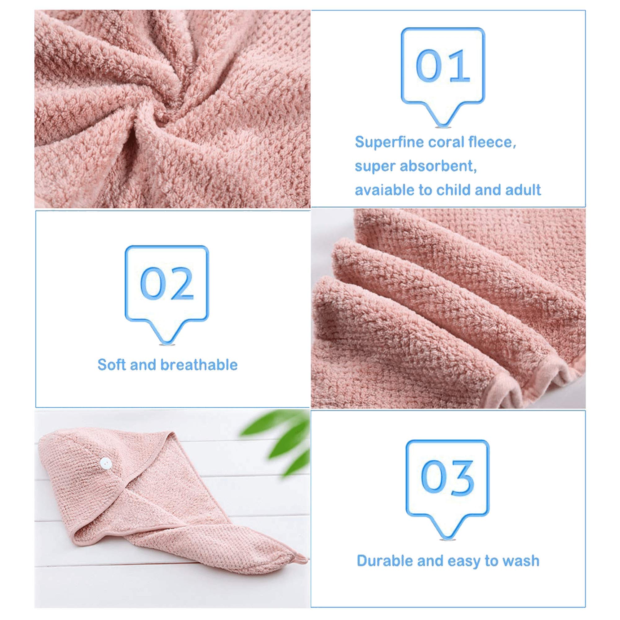 MAIYAMI 2 Pack Hair Drying Towels Cap,Hair Wrap Towels, Ultra Abosobent Microfiber Hair Turban Towel,Button Lightweight Design Quick Magic Dryer, Dry Hair Hat (Pink&Beige)