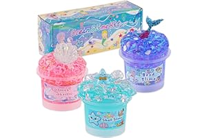 3 x 100mL Ocean Slime Kit for Girls & Boys: Mermaid Bead, Pink Crunchy & Blue Clear Slime, Sensory Experience DIY Slimes Set,