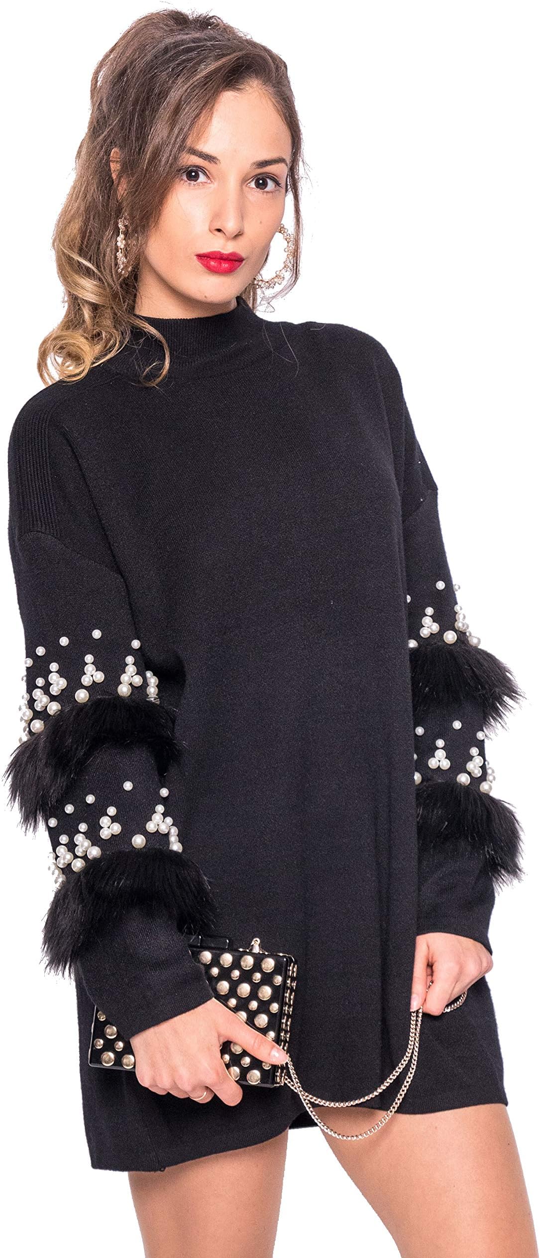 CY Boutique Faux fur and pearl embellished Sleeves long tunic knitted jumper wool blend funnel neck design