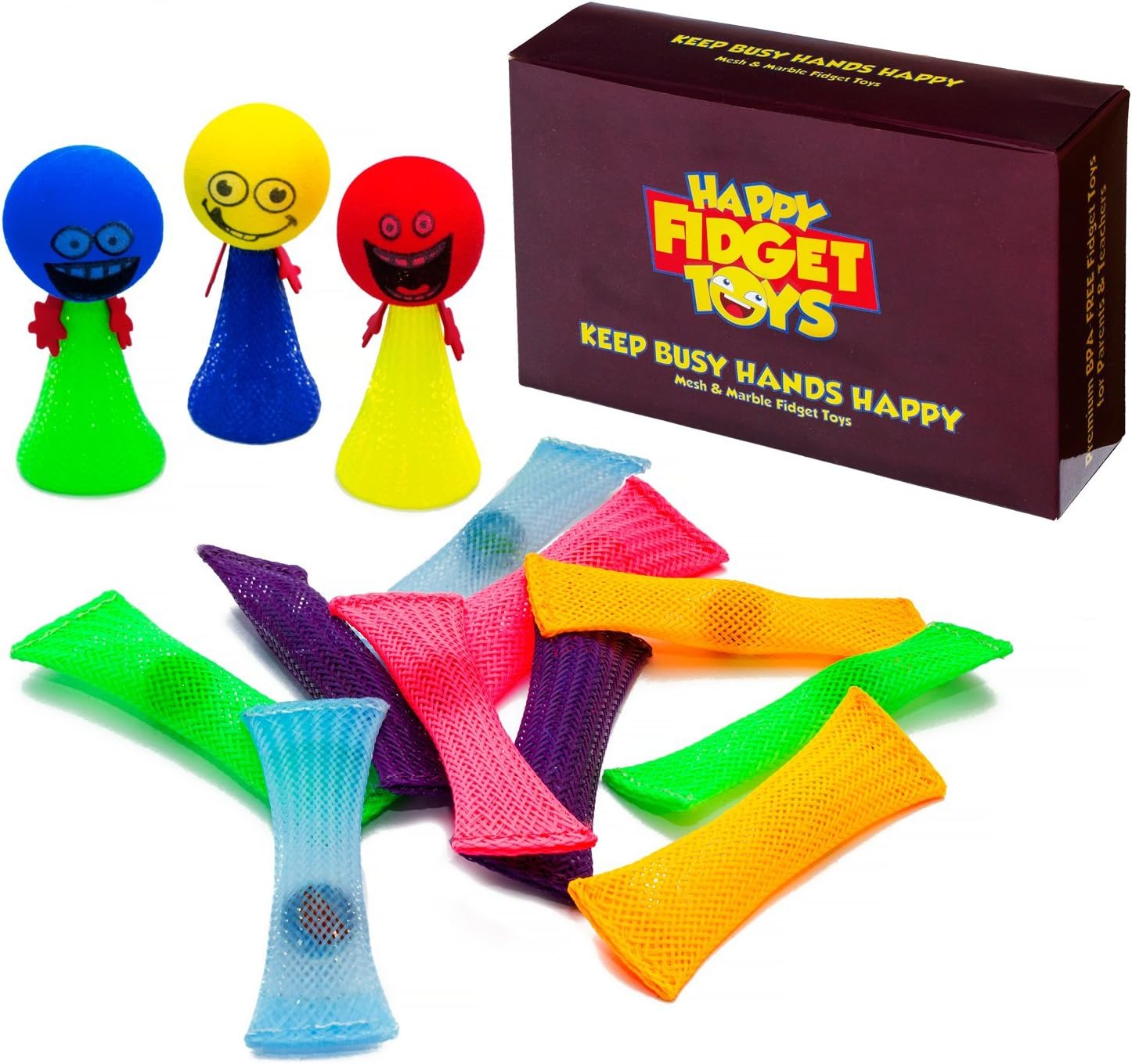 Happy Fidget Toys - (10 Pack plus 3 Jumping Elves) - New Bright Colored Mesh and Marble Sensory Toys For Kids - Free Carrying Bag included