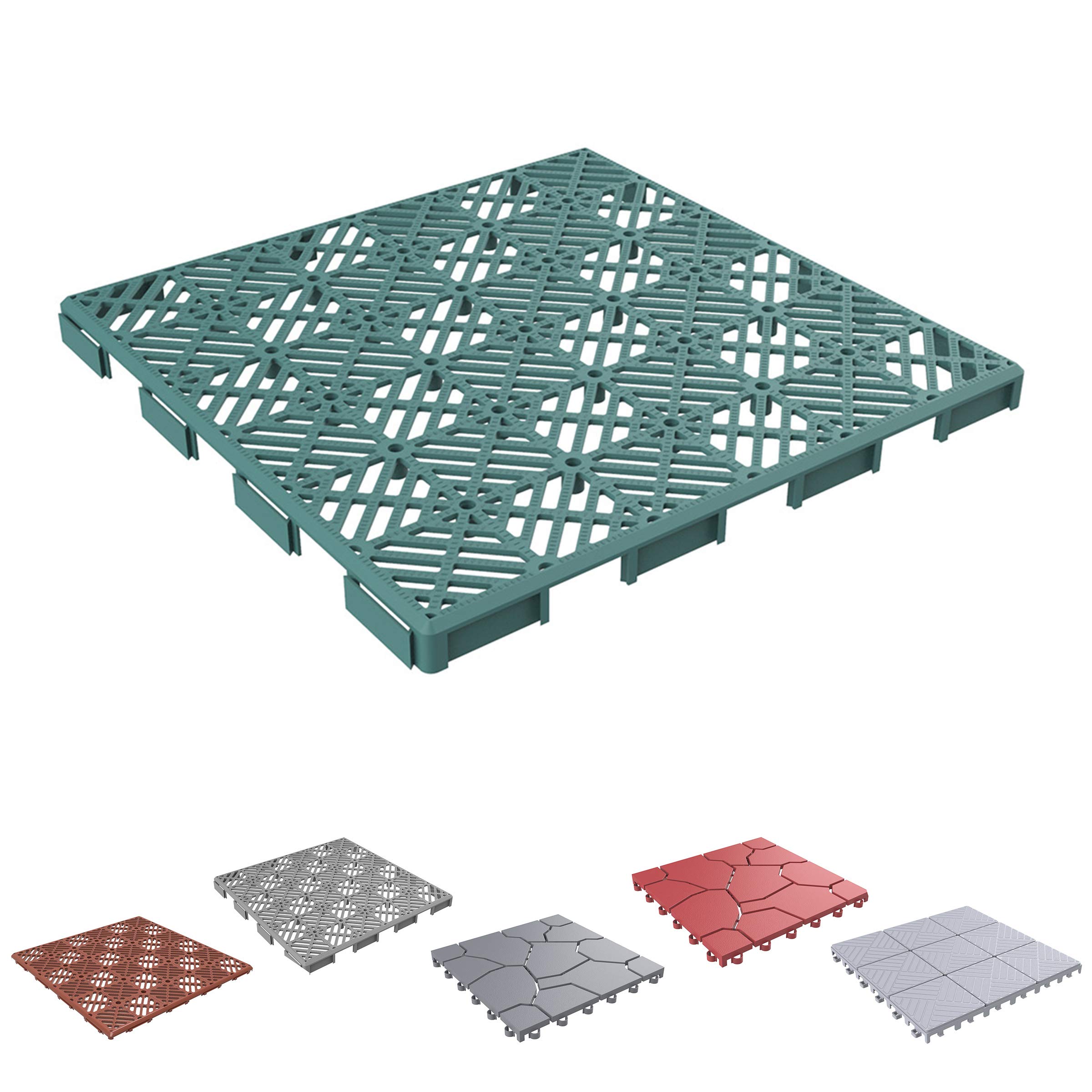 Pure Garden 50-LG1170 Patio and Deck Tiles–Interlocking Diamond Pattern Outdoor Flooring Pavers Weather Resistant, Anti-Slip Square DIY Mat (Green Set of 6), 6 Count