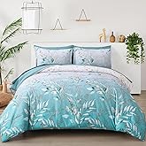 WONGS BEDDING Comforter Set Queen Size, 7 Pieces Aqua Botanical Bed in a Bag Golden Leaves Gradient Bedding Set Soft Microfiber (1 Comforter,2 Pillowcase,2 Pillow Shams,1 Flat Sheet,1 Fitted Sheet)