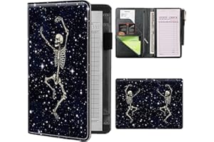 BWEGRHE Server Books for Waitress Waiter with Zipper Pocket, Dance Skeleton Cute Leather Server Pads Waitstaff Organizer Guest Check Presenters Server Wallet Money Holder Pouch Fit Apron