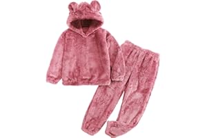 Flygo Girls Fuzzy Pants Set Crop Hoodie Bear Ear Two Piece Outfits Fluffy Sweatshirt and Fleece Pants Sweatsuit