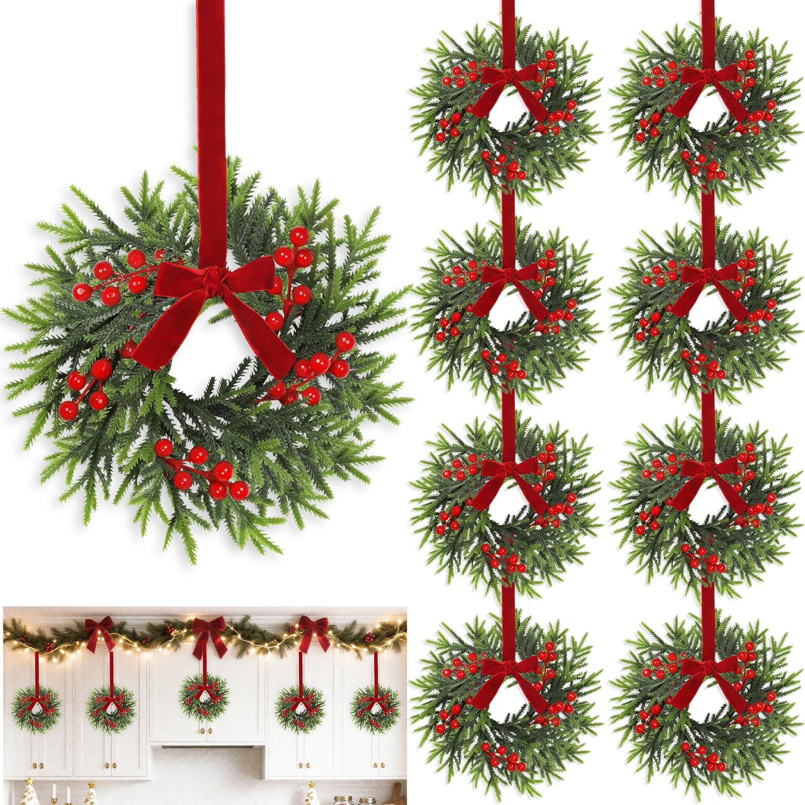 Photo 1 of 12 Pcs Mini Christmas Wreath 11 Inch Hanging Christmas Cabinets Wreaths for Kitchen with Red Bows Cedar Branchs Red Berry Clusters Decor for Kitchen Cabinet Fireplace Window Front Door Wall