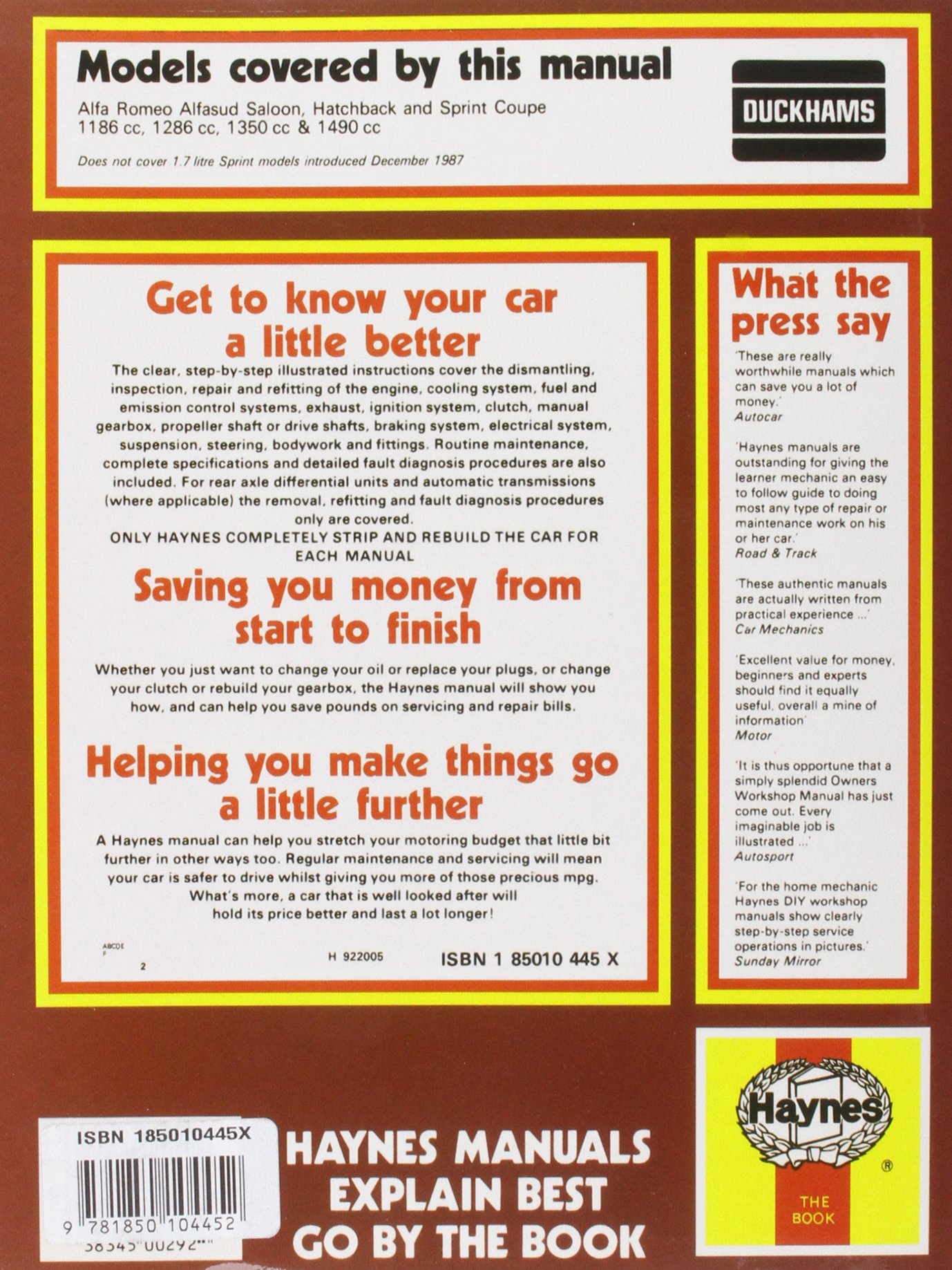 Alfa Romeo Alfasud/Sprint (74 - 88) Up To F * (Service & repair manuals):  Haynes Publishing: 9781850104452: Amazon.com: Books