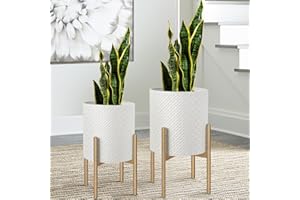 Oakrain Mid Century Planters for Indoor Plants, Metal Planters Set of 2, Modern Decorative Plant Pots for Living Room, Garden, Balcony, White Planters with Glod Plant Stands, 10 inch & 12 inch