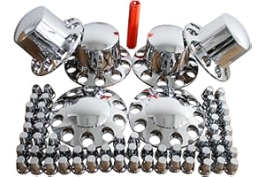 MRJLK Chrome ABS Complete Axle Cover Set with Standard Hub Caps and 33mm Screw-On Lug Nut Covers for Semi Trucks (2 Front and
