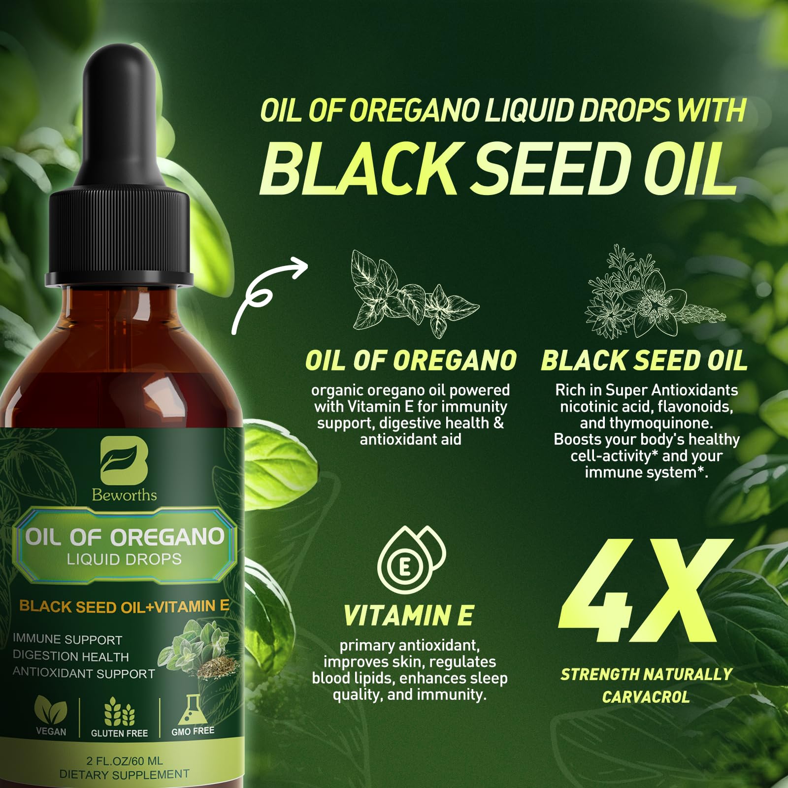 B BEWOTHS Oregano Oil Drops, Oil of Oregano with Black Seed Oil, Vitamin E, 80% Carvacrol & Thymoquinone Oregano Liquid Herbal Blend for Immune, Antioxidant, Digestive Gut Cleanser Support - Vegan